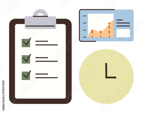 Clipboard with checkmarks, graph displaying data trends, and clock. Ideal for productivity, time management, efficiency, workflow, organization planning and project management. Modern flat metaphor