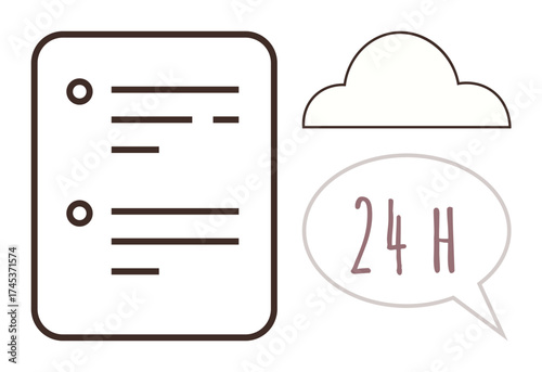 Document with bullet points, cloud icon, and speech bubble reading 24H. Ideal for scheduling, planning, productivity, cloud storage, availability time management workflow. Simple flat metaphor