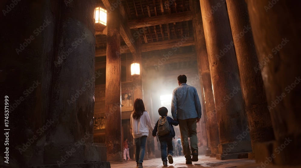 Fototapeta premium A family walks through a dimly lit ancient architectural hall illuminated by lanterns