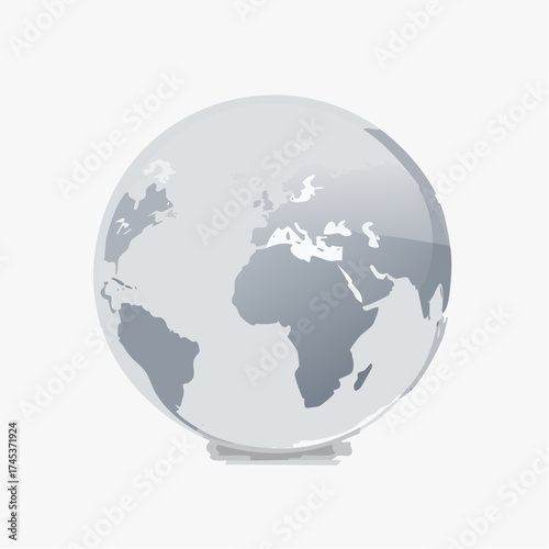 A stylized, minimalist globe showing continents in gray against a white background.
