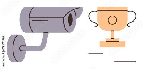 CCTV camera facing a golden trophy, emphasizing the relationship between security and rewards. Ideal for monitoring, safety, achievement, vigilance, success, recognition, and tracking concepts