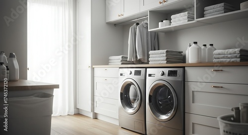 Modern Laundry Room with Washing Machine and Shelving in Bright Natural Light