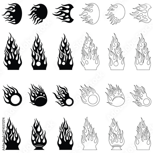 Collection of black and white flame designs in various shapes and orientations on a white background vector