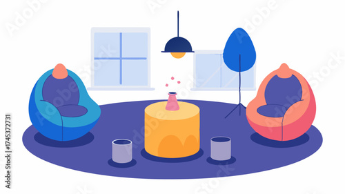 A cozy corner nook with bean bag chairs and a small round table ideal for informal brainstorming sessions a team members.