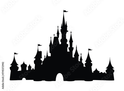 Castle silhouette black and white fairytale vector illustration