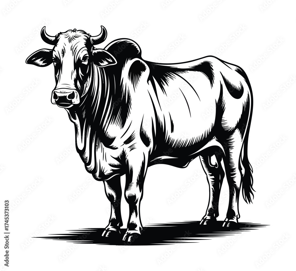 Fototapeta premium Bull animal black and white vintage vector drawing