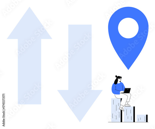 Blue upward and downward arrows, location pin, person on steps with laptop. Ideal for navigation, progress, location, business growth, strategy, decision-making career planning simple flat metaphor