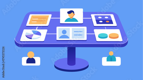 A digital touch table displaying interactive elements like product catalogs customer testimonials and quick connection options to representatives.
