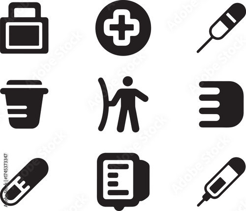 Black White Diabetes Health Icons: Minimal Awareness Vector Silhouette Graphics.
 