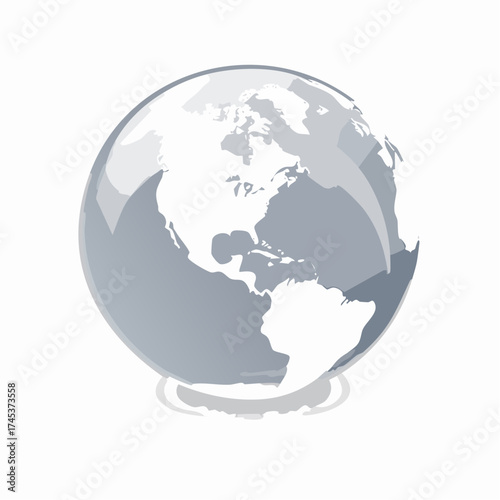 A realistic, glossy, gray globe showing North and South America with a subtle reflection below.