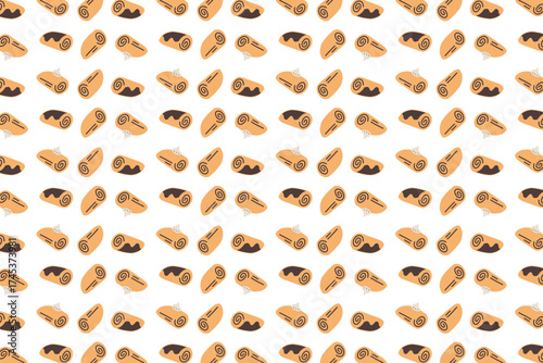 Seamless pattern of sweet roll cakes with chocolate and cream toppings on a white background.