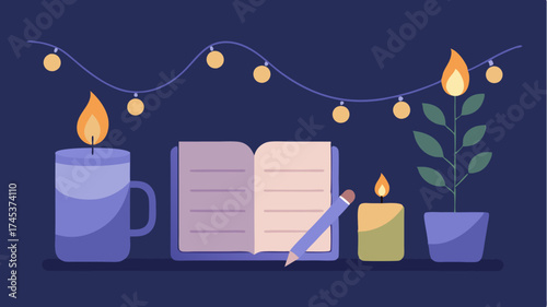 A cozy evening setup with fairy lights a journal and decorative candles portraying a blogger planning their content calendar and reflecting on their goals.