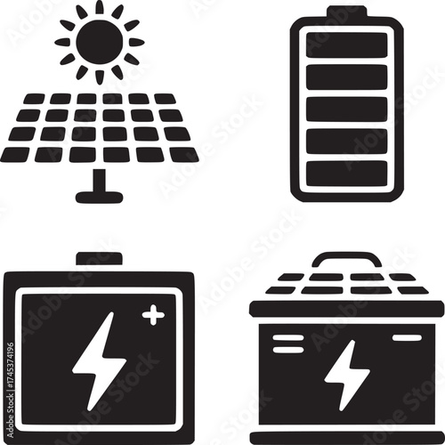Illustration of solar panel with sun battery electricity energy and power symbols in black and white