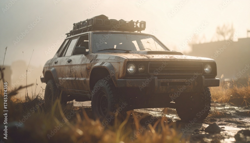 Fototapeta premium Post apocalyptic armored lifted car with roof rack and stuff