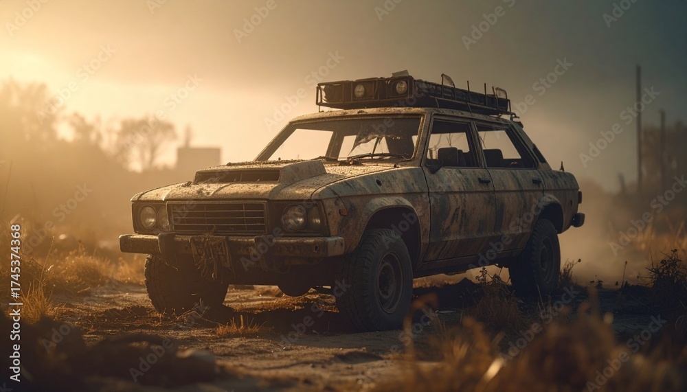 Fototapeta premium Post apocalyptic armored lifted car with roof rack and stuff