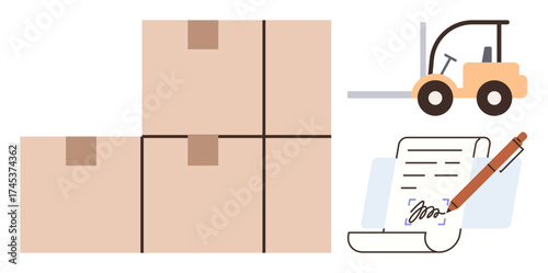 Stacked boxes, forklift moving cargo, signed document with pen. Ideal for logistics, shipping, inventory, warehouse, delivery supply chain business operations. Simple flat metaphor