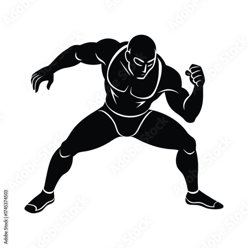 Powerful wrestler athlete in a dynamic combat stance, a stylized black silhouette icon perfect for a sports logo or emblem