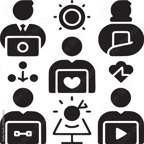 A black and white illustration of various icons representing different concepts and activities online