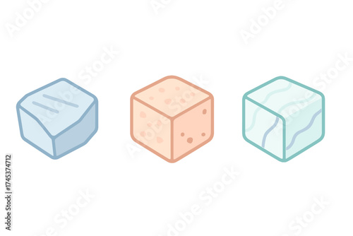 Three abstract isometric blocks displaying different textures and patterns on a white background