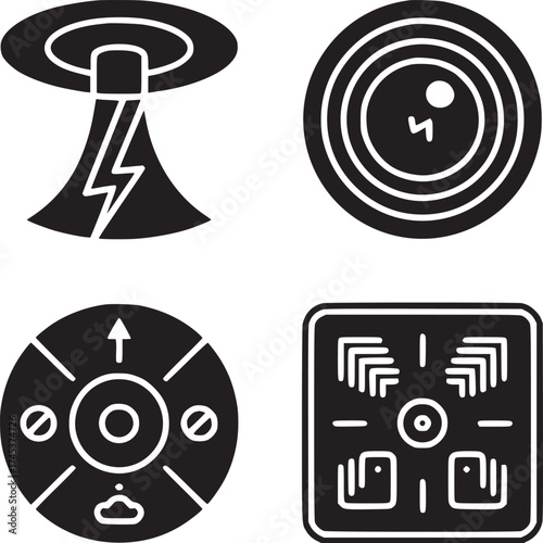 Four black and white icons depicting a lightning storm target control panel and circuit board design