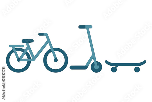 Collection of minimalist icons representing urban transportation and sports equipment