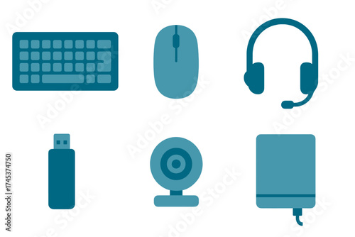 Collection of essential computer hardware peripherals and accessories icons