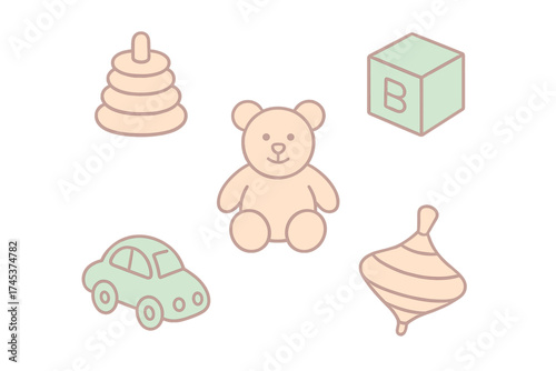 Classic baby and toddler toys collection featuring a teddy bear, stacking rings, and wooden block
