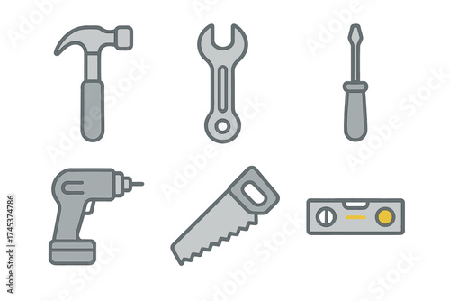 Essential home repair and construction tools including hammer wrench saw and drill