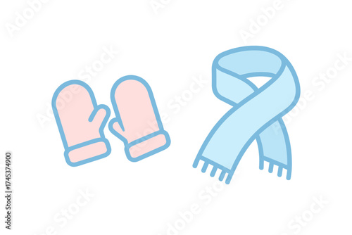 Warm pink mittens and light blue knitted scarf, essential winter clothing accessories