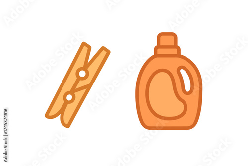 Clothespin and laundry detergent bottle icon set for household cleaning