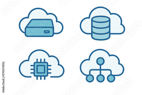 Four blue icons representing essential cloud computing services: data storage, database, processing, and network infrastructure
