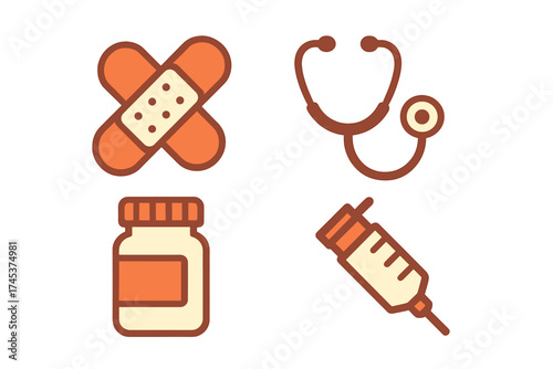 Collection of essential medical tools and healthcare equipment icons featuring stethoscope and syringe