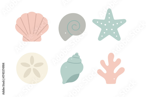 Pastel colored marine life collection featuring seashells, starfish, sand dollar, and coral shapes