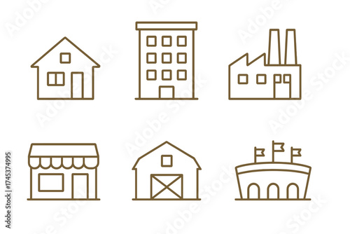 Minimalist brown outline of various architectural structures and real estate properties