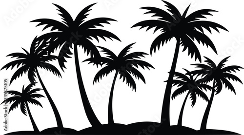 Silhouette of a cluster of palm trees on a sandy shore under a clear sky