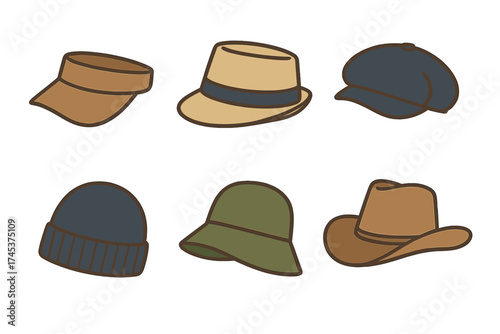 Set of various headwear styles including sun visor, fedora, beanie, bucket hat, and cowboy hat designs