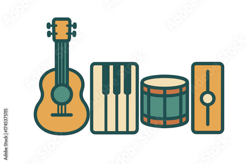 Acoustic guitar, piano keyboard segment, percussion drum, and audio mixing control panel