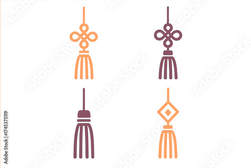 Traditional Chinese decorative knots and hanging tassels collection in flat style