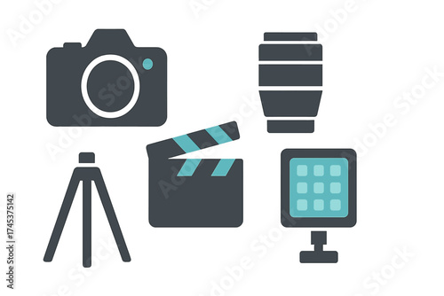 Flat design set of essential filmmaking and photography equipment symbols