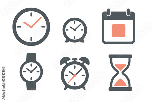 Collection of time and schedule icons including clocks, calendar, wristwatch, and hourglass symbols