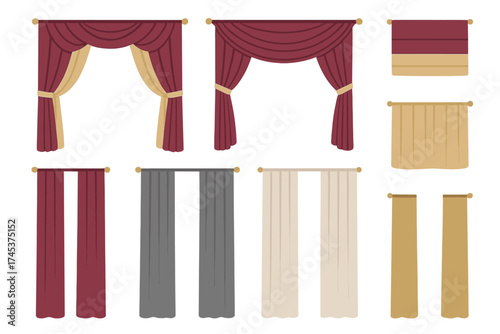 Collection of decorative window curtains and drapes in various styles and colors for interior design