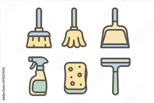 Colorful set of six household cleaning tools icons including broom, dustpan, sponge, and spray bottle