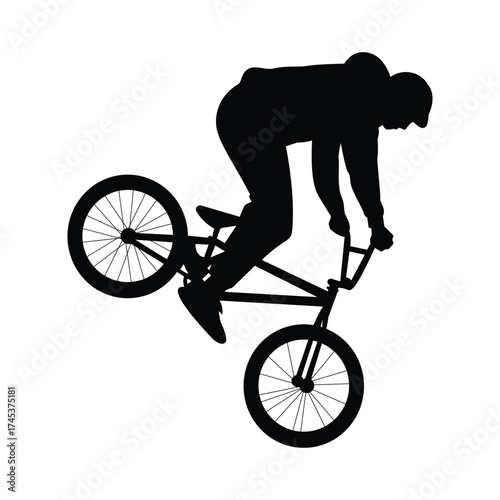 Silhouette of cyclist performing stunt on bicycle, extreme sport vector illustration perfect for biking, motion, and energy themes.