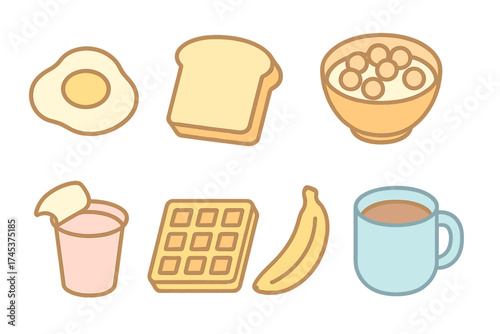 Assortment of popular breakfast foods including fried egg, toast, waffle, cereal, yogurt, and hot beverage mug