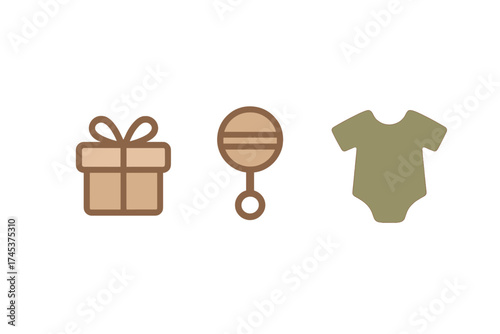 Minimalist baby essentials set featuring a gift box, rattle, and infant bodysuit in neutral colors