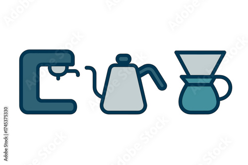 Modern coffee brewing equipment set including espresso machine, pour over dripper, and gooseneck kettle icons