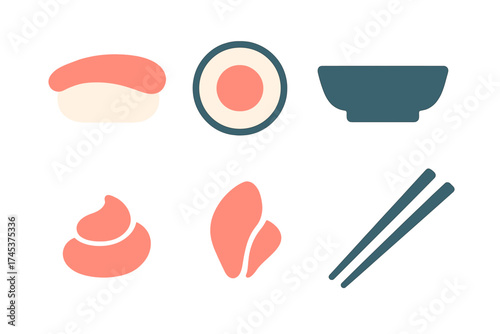 Minimalist graphic symbols of sushi maki roll bowl and chopsticks