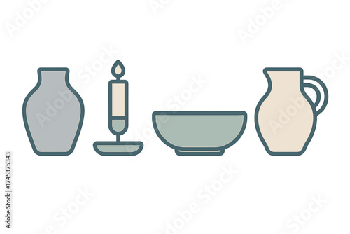 Minimalist still life arrangement of various household pottery and a burning candle