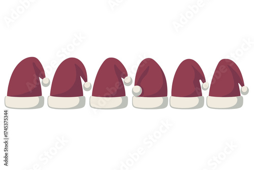 Horizontal row of traditional red and white Santa Claus hats on a white background