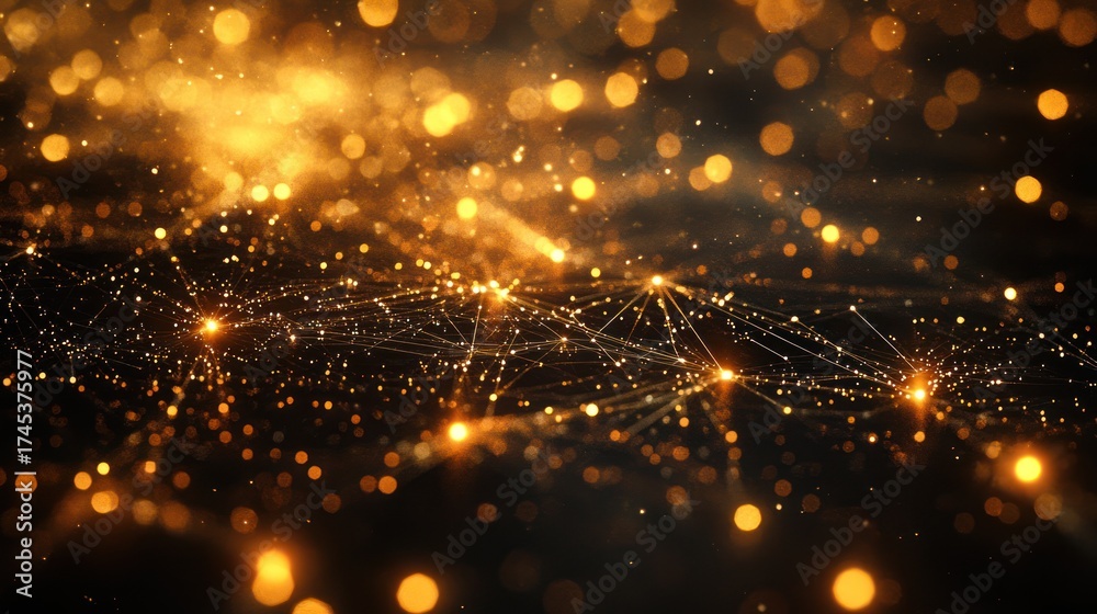 Naklejka premium Abstract gold bokeh background with network lines. Suitable for digital presentations, posters, websites